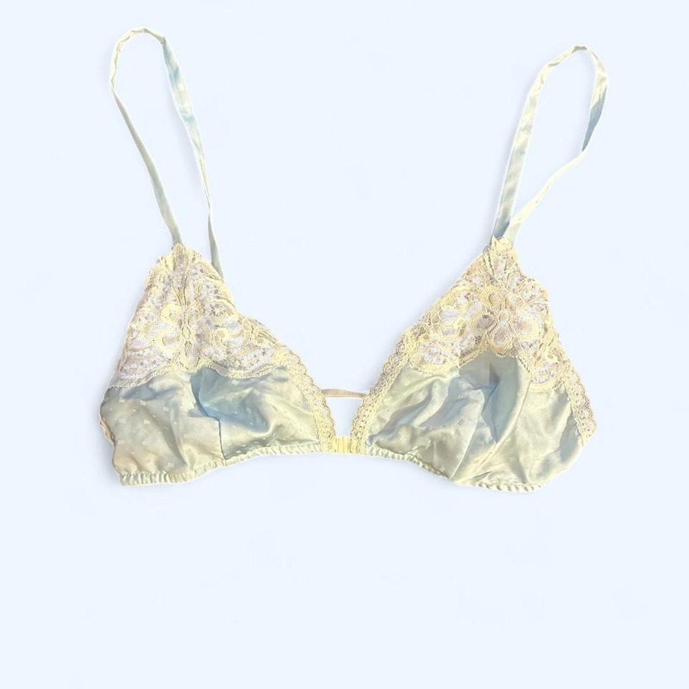 Vintage Christian Dior Pastel Blue Satin Lace Triangle Bralette Coquette - Picture 2 of 5